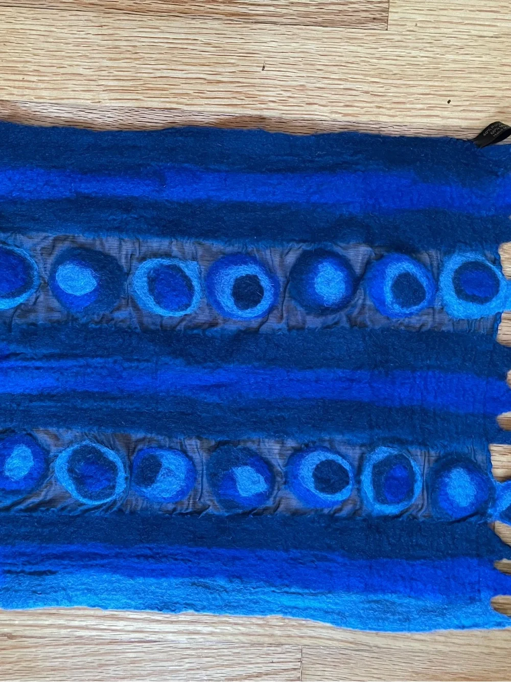 Handmade Blue Nuno Felted Wool Scarf with Circular Motif